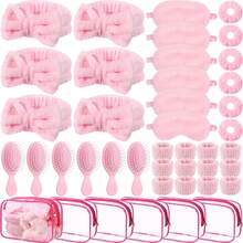 7/14/42pcs/Set Pink Spa Sleepover Party Favors,Included 6 Pink Spa Headband 6 Plush Sleep Eye Mask 6 Velvet Scrunchies 6 Wristband 6 Hair Brush 6 Clear Cosmetic Bags For Slumber Party Favor Gift, Wedding, Bachelorette, Bridal Shower Gifts - Pink - View 2