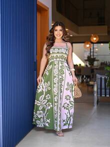 Women's Long Lastex Dress With Tie Straps - Olive Green - View 5