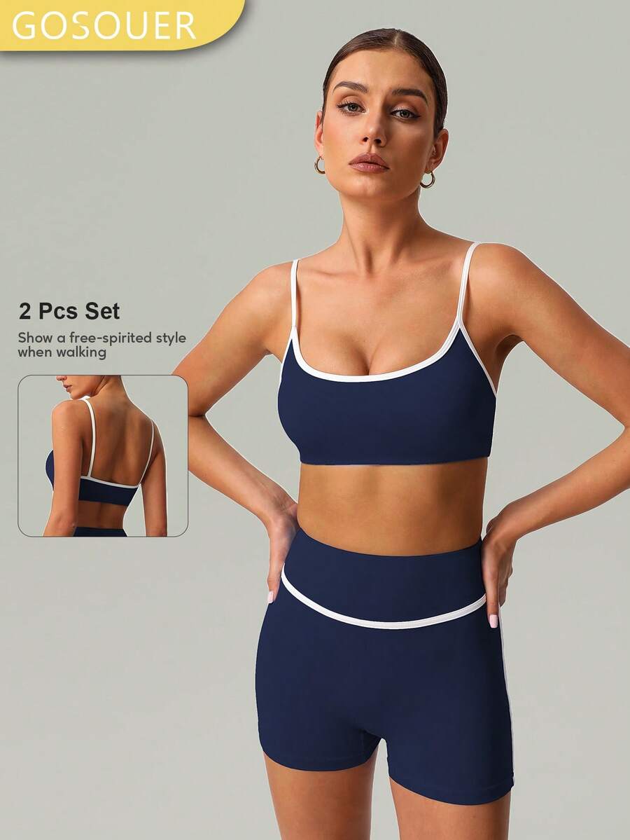 Spring And Summer 2 PCS Co-Ord Set Women Yoga Running Sports Bra And Short - Màu xanh hải quân - Xem 1