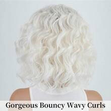 MMidlength Layered Ombre Platinum Blonde Wavy Bob Wigs For White Women 12inch Short Wave Curly Synthetic Wig Side Part Average Size Daily Party Wig8001 - Bạch kim - Xem 4
