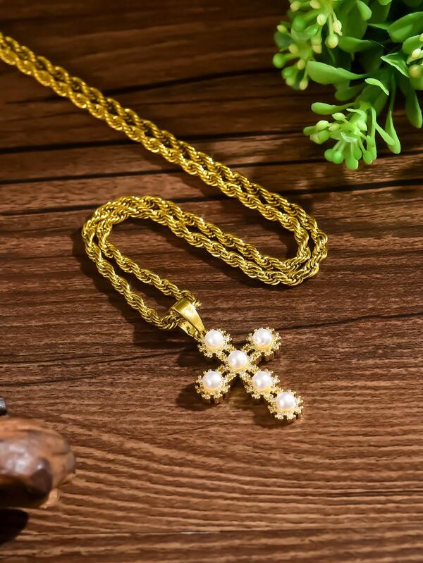1pc Men's 18K Gold Plated Cross Pendant Necklace, Gold Plated Twisted Chain + Hollow Faux Pearl Cross Pendant, Combining Religious Sanctity And Luxurious Vintage Style, Suitable For Formal Occasions, Religious Ceremonies And Easter Outfits