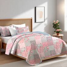 Juego de edredón de 2/3 piezas con estampado floral de patchwork cuadrado rosa (1 edredón + 1/2 fundas de almohada), 100 % microfibra, juego de colcha con estampado de rayas pequeñas y patrón combinado de varios elementos, antideslizante y lavable a máquina, juego de edredón de verano, decoración de habitación - flores rosas - Ver 3