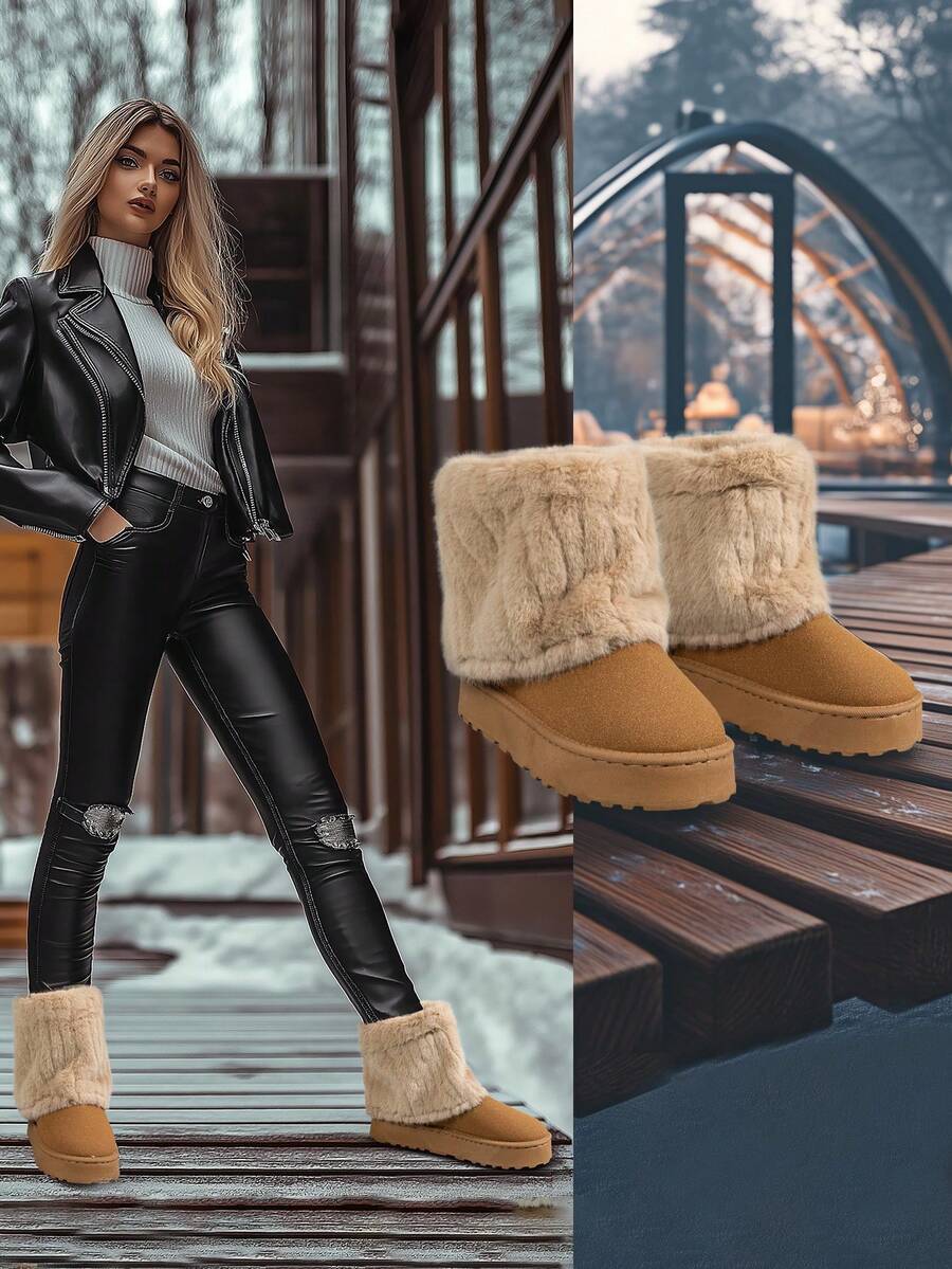 Nuevas botas de invierno de moda de caña alta, botas de nieve para mujer de talla grande con cuello esponjoso y cierre deslizante en color camello, con suela gruesa y plataforma, forro térmico, casual y cálidas, antideslizantes, de tacón medio cómodo. Talla grande.