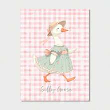 1 Stück Vintage Bauernhaus Silly Ganse Leinwand Poster - Rosa Gingham und Blumen Rock Illustration, ungerahmte Wandkunst für Mädchenzimmer, Kinderzimmer- und Wohnzimmer-Dekoration, perfektes Geschenk für Kinder und Familie, Kunstdrucke, Heimdekoration, verspielte Illustrationen, strapazierfähige Materialien, Wohndekoration