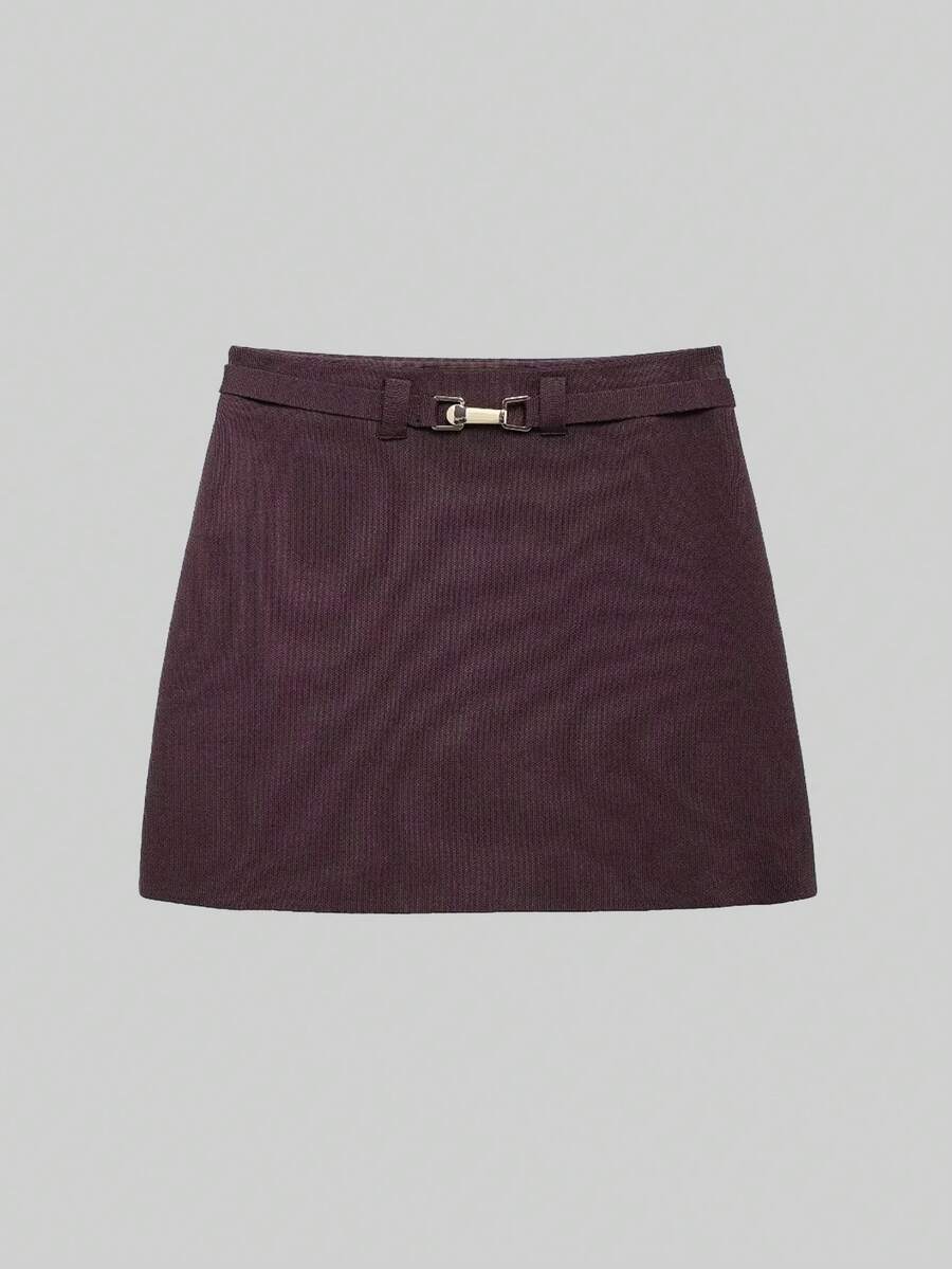 Women's Fashion Slim High Waist Belt Knitwear Mini Skirt - Brown - View 1