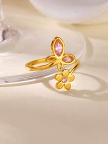 精致不锈钢蓝粉色蝴蝶花戒指，18K 镀金防褪色开口戒指，适合女士，婚礼夏季假日黄金首饰，送给妈妈/挚友的礼物