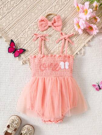 2pcs/Set Cute Toddler Girls Embroidered Suspender Mesh Dress, Elegant Series, Perfect Gift For Baby