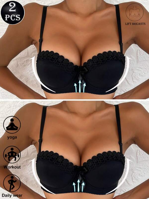 2 Pcs Bras For Women Strapless Bandeau Bras Romantic Sexy Lingerie Set Summer Strapless Lace Bustier Bra Woman Solid Color Removable Shoulder Strap Bra With Underwire Scallop Lace Decoration Push Up Bra Women's Smoothing Backless Tube Top