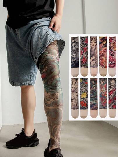 1pc 360 Degree Tattoo Print Socks, Colorful Tattoo Leggings, Suitable For Daily Wear, Party, Performance, Gift