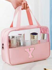 1个透明PVC字母化妆包,防水便携雪尼尔字母拉链化妆品收纳包,简约首字母贴纸旅行化妆包,女士浴室字母印花洗漱包(字母A~Z),送给妈妈的礼物,沙滩包,沙滩必备 - 粉色 - 查看 8