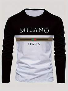 Le Yue Si Men's Velvet Long Sleeve T-Shirt - Milan Italian Pattern Print, Black And Beige Contrast Design, Autumn/Winter Casual Sportswear, Medium Stretch Fabric, Comfortable Round Neck - 淺灰色 - 查看 1