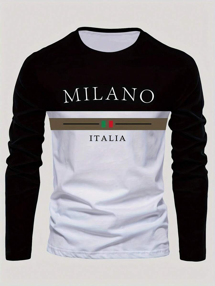 Le Yue Si Men's Velvet Long Sleeve T-Shirt - Milan Italian Pattern Print, Black And Beige Contrast Design, Autumn/Winter Casual Sportswear, Medium Stretch Fabric, Comfortable Round Neck - 淺灰色 - 查看 1