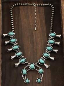 1 件西部乡村风格时尚氧化南瓜花镶嵌绿松石串珠项链，适合女性日常搭配，珍珠首饰套装礼物 - 綠松石色 - 查看 2