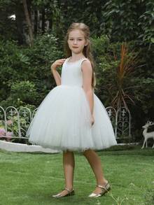 小女孩蝴蝶结深 V 薄纱泡泡袖派对公主裙，适合小女孩生日派对、舞会、选美、花童、伴娘、婚礼、特殊场合 - 白色 - 查看 6