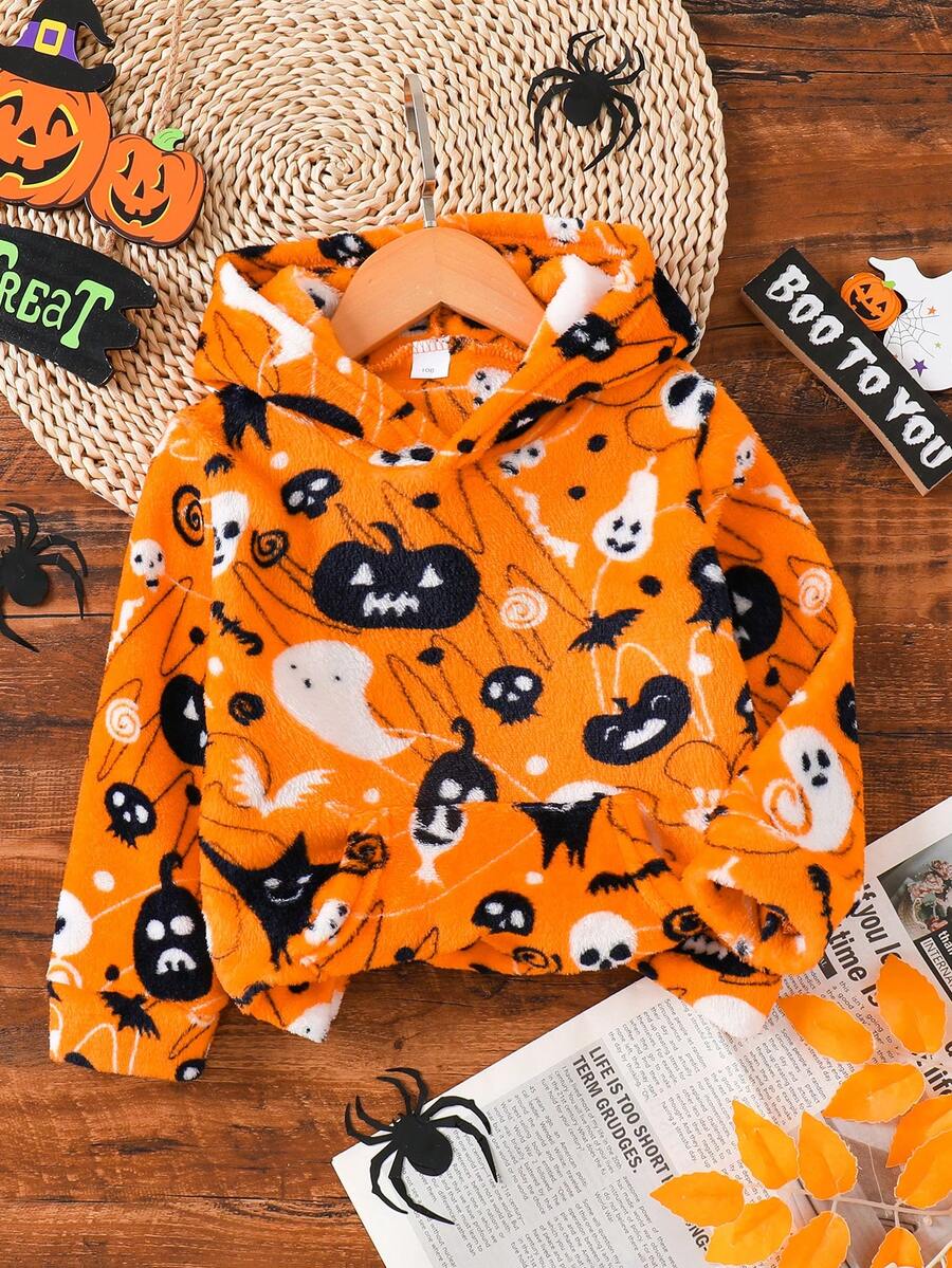 Young Boy Casual Flannel Long Sleeve Hooded Fleece Sweatshirt With Halloween Pumpkin Print, Suitable For Spring, Autumn And Winter - Orange - View 1