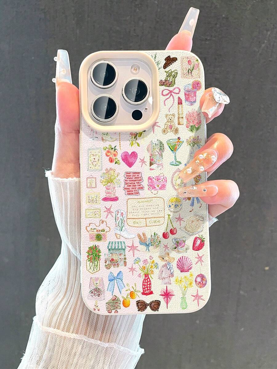 1 件可爱猫咪和草莓图案防水、防摔、防滑软手机壳,兼容苹果和手机 - 彩色 - 查看 1