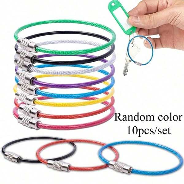 10 pçs/conjunto de chaveiros de arame de aço inoxidável de cores aleatórias, anéis de etiqueta de bagagem de corrente de arame, ganchos de boneca, etc.