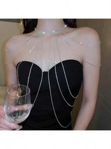 Diamond Inlaid Long Tassel Necklace, Shoulder Chain, Body Chain, One-Piece Personalized Bride Dress, Party Light Luxury Accessories, Necklaces - Silver - View 2