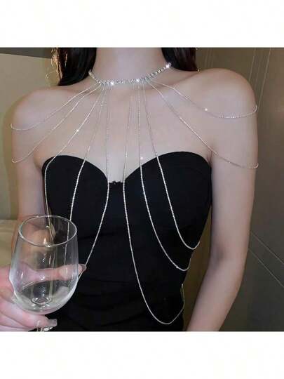 Diamond Inlaid Long Tassel Necklace, Shoulder Chain, Body Chain, One-Piece Personalized Bride Dress, Party Light Luxury Accessories, Necklaces