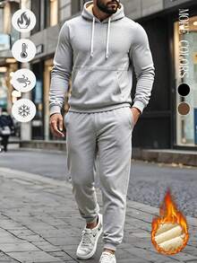 男士抓绒连帽衫和运动裤两件套，加厚保暖连帽套头衫和抽绳慢跑裤，秋冬季 - 灰色 - 查看 4