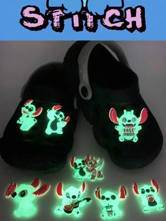 Takara Tomy 8pcs Stitch Noctilucence Shoe Charms For PVC Cute Cartoon Characters Stitch Decorations Wholesale