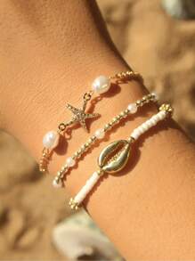 Set di 3 braccialetti pendenti con conchiglia e forma di stella marina, stile bohémien, elegante per uso quotidiano, vacanze estive, feste in spiaggia, regalo ideale per le vacanze (quantità e ordine dei perline random)