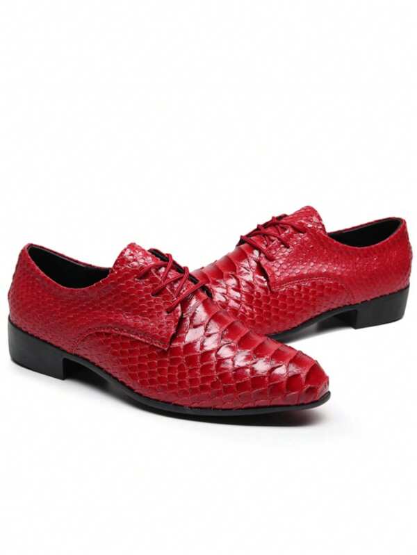 Pointed Toe Leather Shoes For Men, British Style Lacquered Snake Skin Pattern, Formal Lace-Up Dress Shoes For Wedding & Party