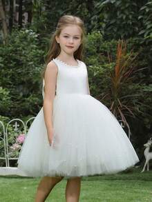 小女孩蝴蝶结深 V 薄纱泡泡袖派对公主裙，适合小女孩生日派对、舞会、选美、花童、伴娘、婚礼、特殊场合 - 白色 - 查看 5