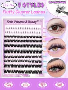 132pcs Cluster False Eyelashes, 3 Mixed Styles, Self-Adhesive, Fluffy D-Curl, 8-14mm Mixed Length; Also Includes 40pcs Self-Adhesive Lower Lashes, Fluffy Single Strands, DIY Eyelash Extension, Pre-Glued Cluster Lashes, Natural & Lengthening, D-Curl, No Glue Or Makeup Remover Needed. - Black - View 9