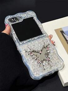 Funda de teléfono plegable con espejo de maquillaje con mariposa de cristal, brillante, con lentejuelas y borde de ola con protección contra golpes, compatible con Samsung Galaxy Z Flip 6, Z Flip 5, Z Flip 4, Z Flip 3, estilo coreano Y2K
