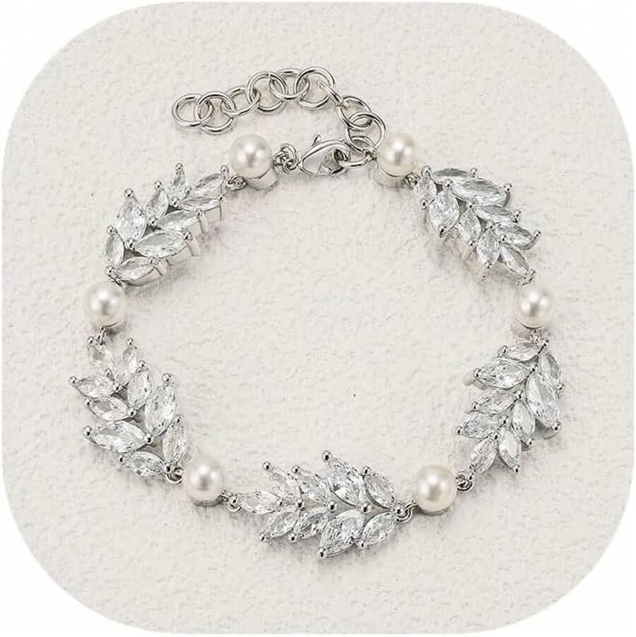 Crysdue Wedding Bridal Link Bracelet Brides Bridesmaids, Marquise Cubic Zirconia Tennis Bracelets Women Prom Jewelry - F_珍珠+立方氧化鋯,銀色 8.26 英寸 - 查看 1