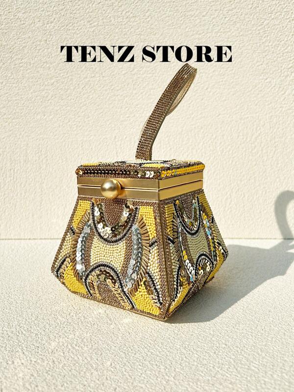 Handmade Luxury Geometric Evening Clutch For Women, Vintage -Inspired Beaded And Sequin Party Purse With Gold Chain Strap, Shiny Unique Shape Banquet Bag For Wedding, Bride, Prom, Holiday & Gift
