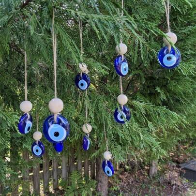 5pcs Turkish Blue Evil Eye Glass Charms With Wood Beads - Hanging Ornaments For Home Protection, Christmas & New Year Decor (Non-Electric, Handmade Boho Amulet)Natural Wood & Glass Nazar Boncuk - Good Luck Wall Hangings For Housewarming Gifts, Garden Decor, Office & Car Mirror, Traditional Spiritual Ward Home Decor Christmas Decorations Room Decor