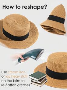 1pc Flat Top Flat Brim Beige Woven Straw Hat - Beige + Rice Ribbon - View 7