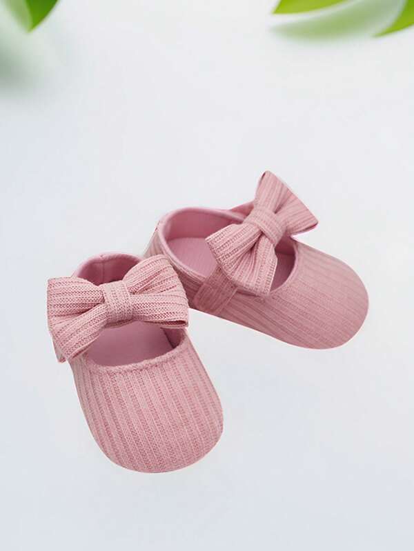 1 Pair Infant Soft Breathable Knitted Shoes With Bow, Round Toe Hook And Loop Flat Cute Infant Toddler Walking Shoes For Daily Wear