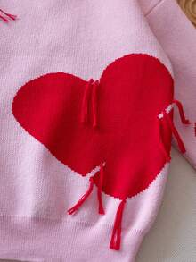 女童可爱心形图案针织套头衫，适合春秋冬季休闲穿着 - 粉色 - 查看 4