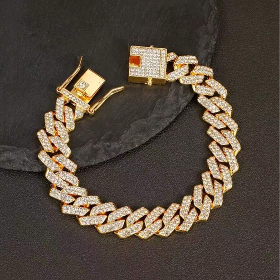 1pc Gold Metal Bracelet With Rhinestones, Men's Jewelry - Gold - View 1