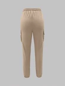 女士时尚休闲纯色简约口袋松紧腰抽绳工装裤