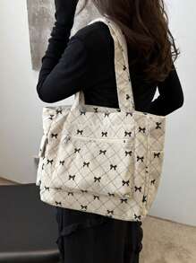 1 Fashionable Contrasting Color Bow Printed Shoulder Bag, Simple And Lightweight, Multiple Pockets, Single Shoulder Tote Bag