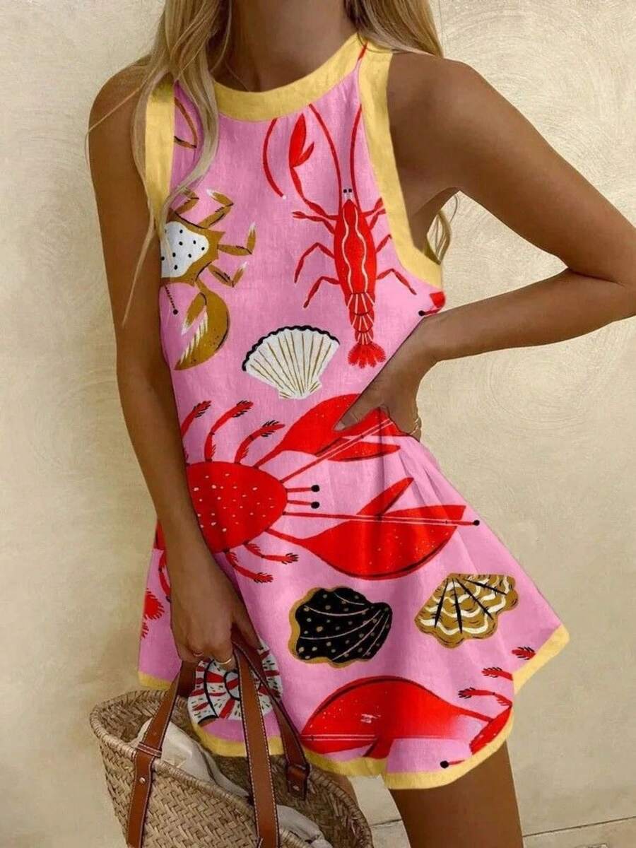 Womens Lobster Shift Dresses 2025 Boho Mini Tank Dress Y2K Sleeveless Cute Graphic Lobster Fish Printed Dress Summer Beach Sundress Casual Beach Vacation Loose Short Dress - 彩色 - 查看 1