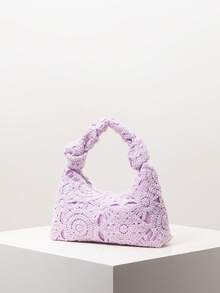 时尚女士手提包，钩针编织套装，度假理想之选，优雅女士包，旅行必备（图案随机） - 紫色 - 查看 2