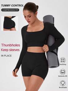 VVX Women's Seamless Sports Yoga Set Long-Sleeved Shorts Thumbholes Slim High-Waist Tummy Control Sports Set - 黑色 - 查看 3