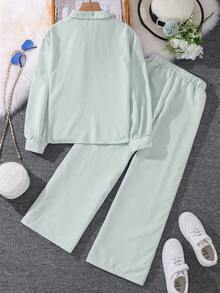 Left Mama 2pcs/Set Tween Girl New Autumn Collared Long Sleeve Shirt And Pants - Mint Green - View 2