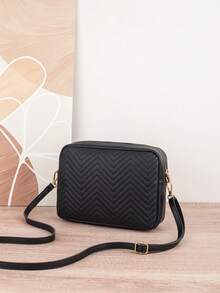 1pc Quilted Striped Crossbody Bag, Multi-Pocket Zipper Fashion Camera Bag, Adjustable Strap Women Daily Shoulder Bag, Versatile Small Square Bag Suitable For All Seasons - Black - View 4