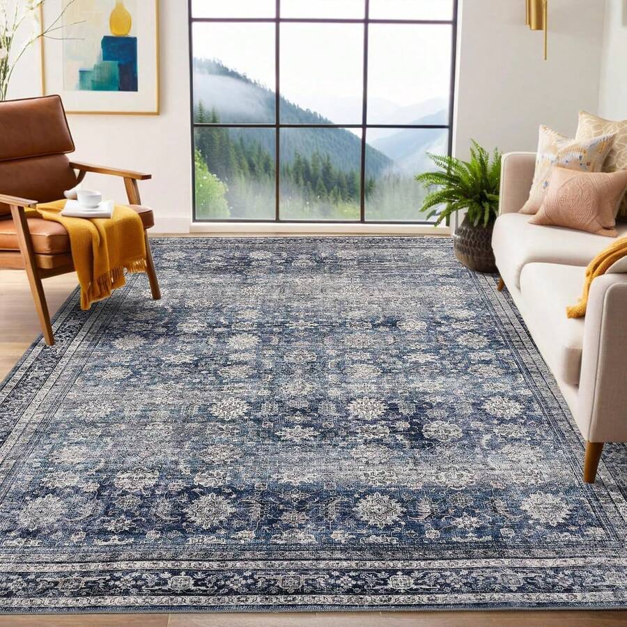 Washable Rugs For Living Room Vintage Rugs With Non-Slip Backing, Low Pile Stain-Resistant Distressed Oriental Carpet, Indoor Foldable Floral Print Floor Covering For Bedroom - Blue - View 1