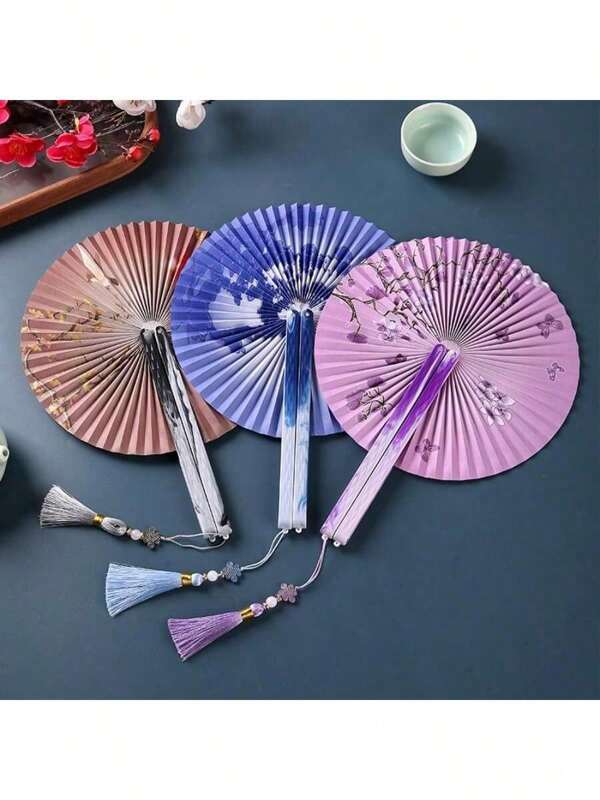 6 Colors 2025 Vintage Printed Handheld Fan With Pendant, Fashion Magnetic Foldable, Elegant Shape For Dance Performance And Wedding Decorations, Parties, Festivals And Summer Celebrations, Home Decor, Student Gifts