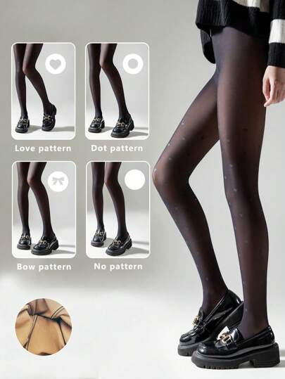 1 Pair Women's 80g Printed Tights – Black Winter Leggings With Heart/Polka Dot/Bow Patterns, Slimming & Stylish Design
