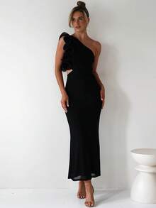 Summer Elegant One Shoulder Black Maxi Long Dress For Women Ruffle Embellished Dress Wedding Evening Cocktail Party Dress Sexy