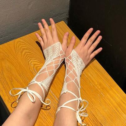 Y2K美学蕾丝交叉袖套 - 性感透视网纱复古露指手套 - 千禧年JK风格角色扮演配饰 - 夏季甜美街头服饰（全球）