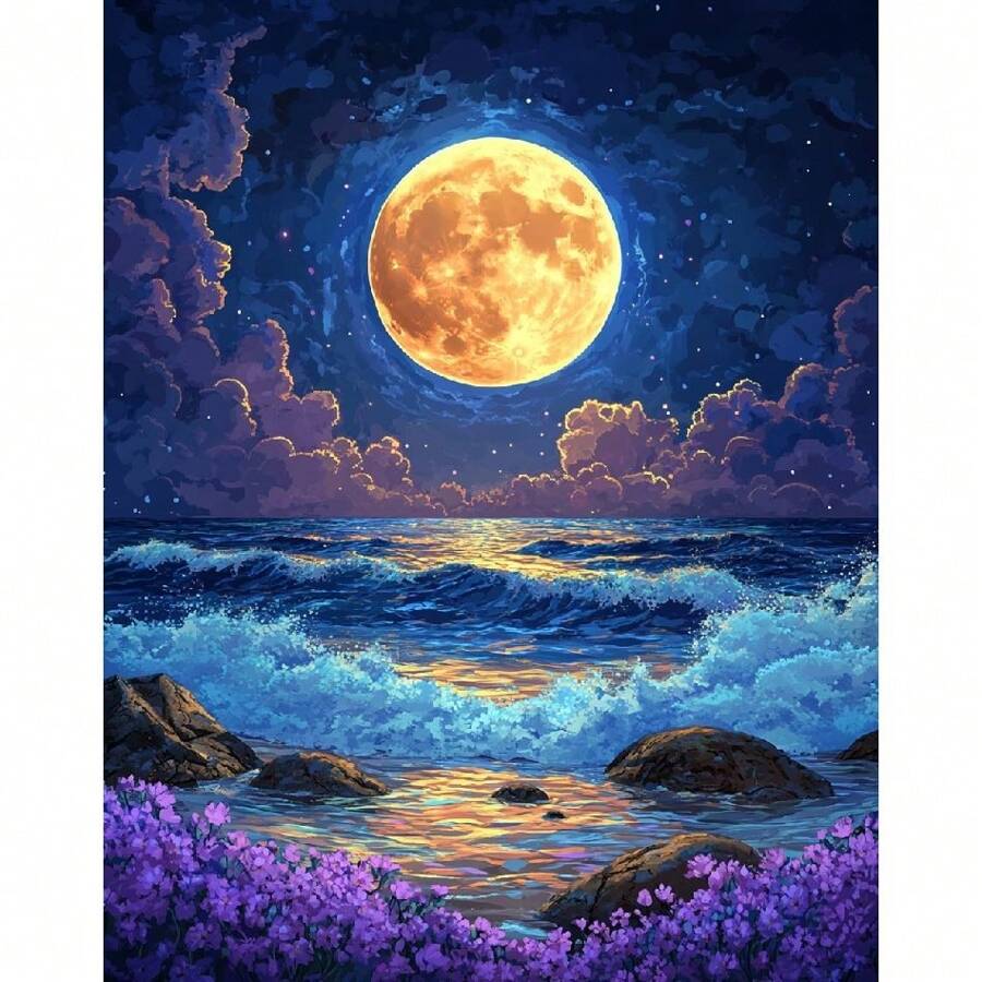 1 Stück DIY Malen nach Zahlen Set für Erwachsene Meer Mond Wandkunst Bild Acrylgemälde auf Leinwand für Heimdekoration 40x50 cm/16x20 Zoll ohne Rahmen